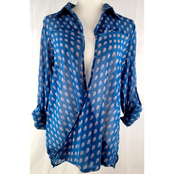 Japna Blue Floral Sheer High Low Wrap Blouse Women’s Size Large Boho Sexy Top - Picture 1 of 5